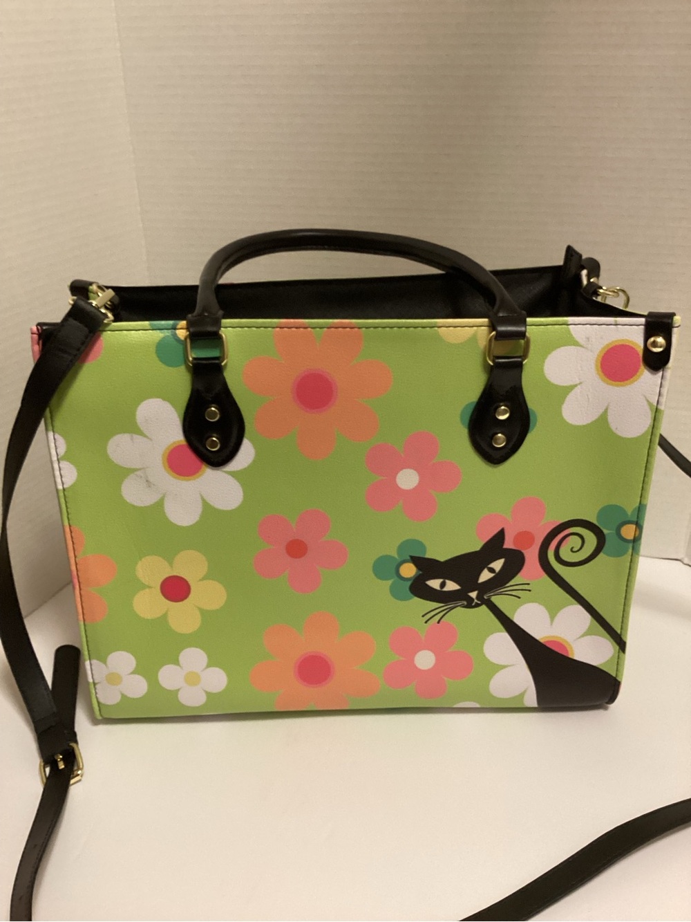 Green Floral Tote with Black Cat Accent and Black Handles